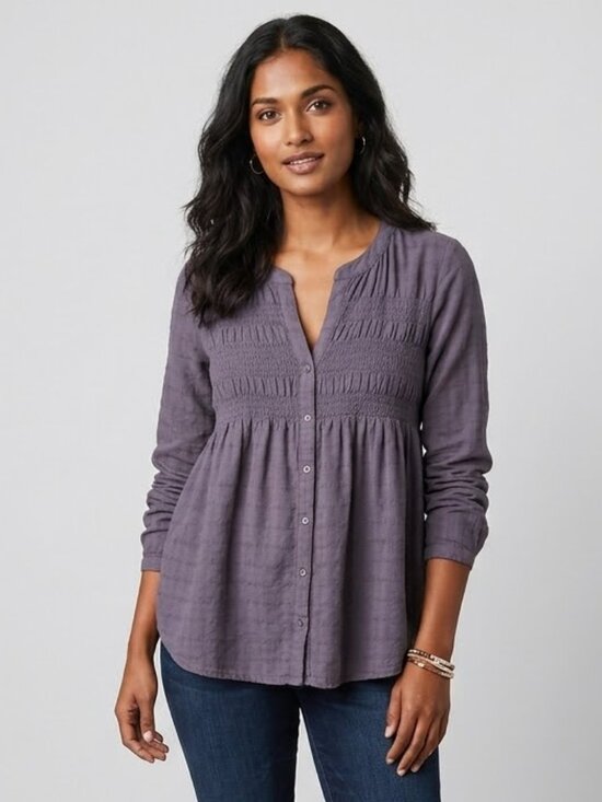 Knox Rose Tops - Boho Tunic Blouse Smocked Henley Long Sleeve Gray Medium